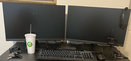 Dual ViewSonic Monitor Computer Setup Bundle – Keyboard, Mouse, Webcam & Headset