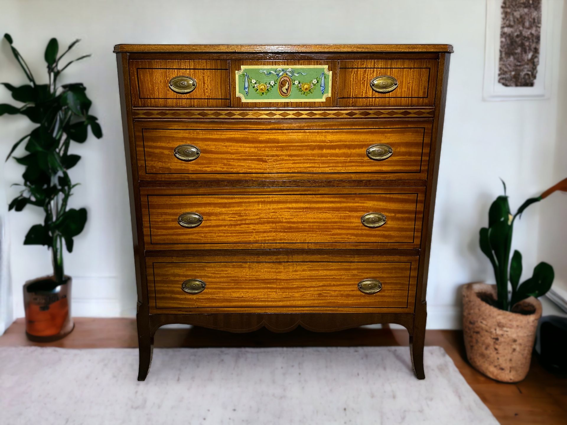 Antique 1920s Colby’s Solid Wood & Brass 4-Drawer Highboy Dresser