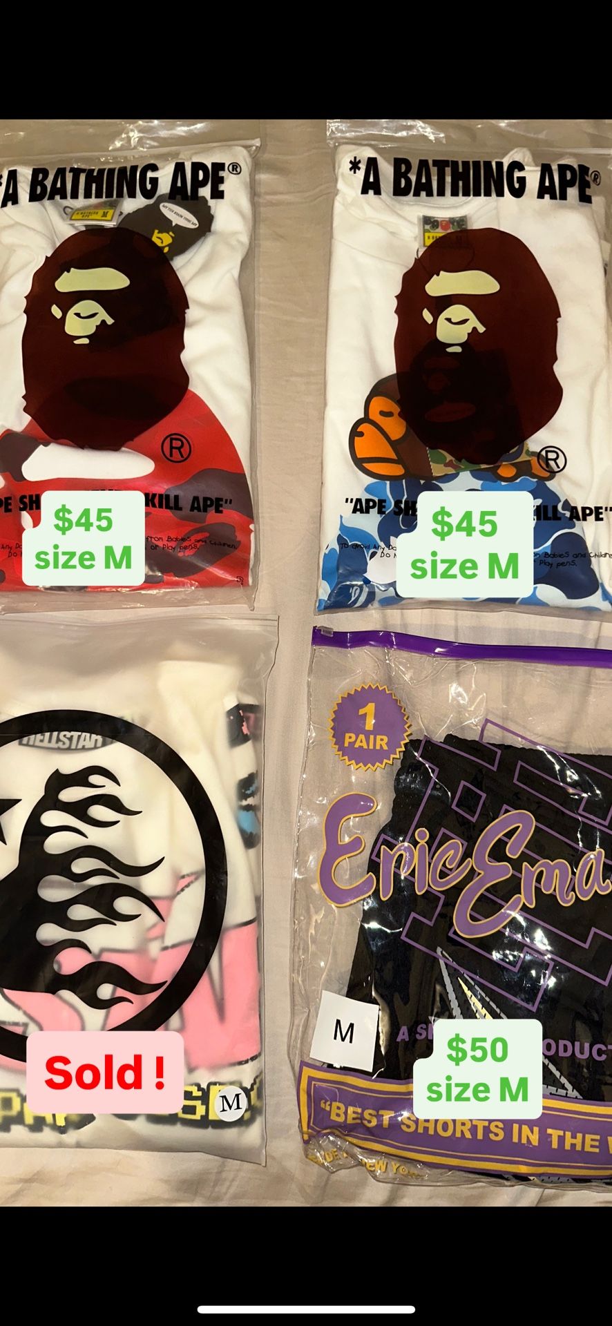 Bape tees And Eric Emmanuel Shorts batch