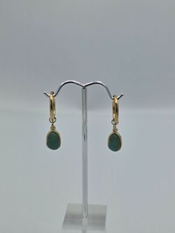 Gold Hoop Earrings with Green Stone Charm