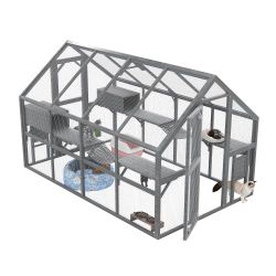 110" x 74" Gray Wooden Luxury Outdoor Cat Enclosure / Cat House w/ Covered Roof / 2 Condos / 6 Platforms [NEW] **Retails for $500 <Assembly Req>