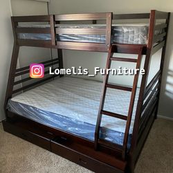 Twin/Full Expresso Bunk bed w. Drawers & Ortho Mattresses Included 