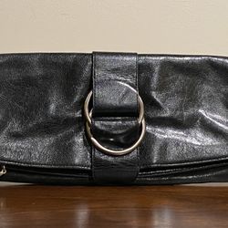 HOBO black leather envelope clutch with oversized silver buckles + dust bag - GREAT CONDITION