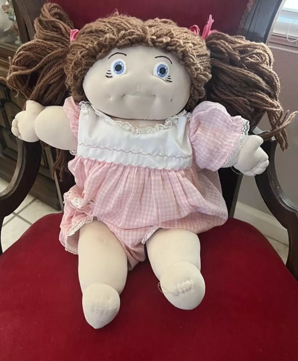 Vtg Handmade Nylon Cloth 19" Big Brown Yarn Hair Rag Doll Pink Checkered Outfit
