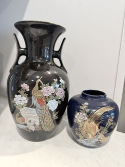 Vintage Black Ceramic Vase With Floral & Peacock Motif Gold Accents Decorative Double Handles