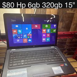 Hp Laptop 15" 6gb AMD 320gb Windows 8.1 Includes Charger, Good Battery 