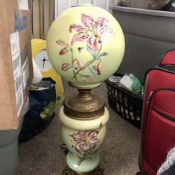 Antique "Gone with the Wind" Green Hurricane Hand Painted Floral Lamp (Electric)