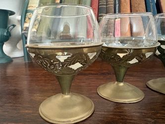 Vintage Brass Footed cognac brandy glasses with Glass Inserts, Set of 3