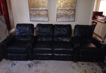 Black Leather 4-Seat Home Theater Recliner Sofa