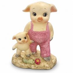 Vintage Pig & Piglet Figurine Pink Overalls Made in Taiwan Farm Decor