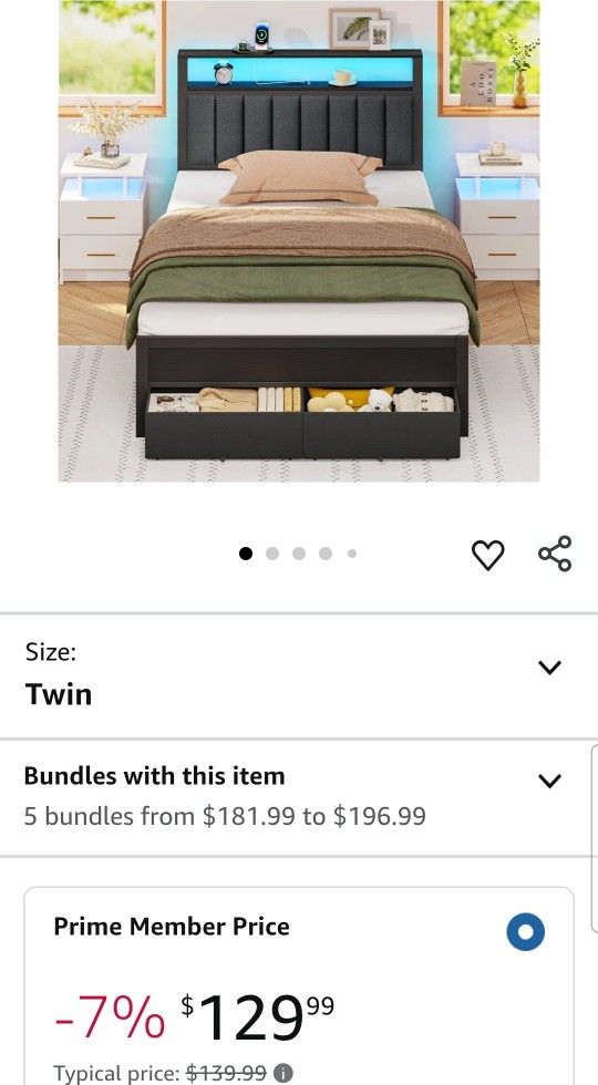 Furnulem Twin Bed Frames with Charging Station and LED Lights, Grey Upholstered Headboard with Shelves, Metal Platform Bed with 2 Under-Bed Storage (F