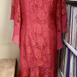 JJs HOUSE Rose Red Chiffon Lace Mother of the Bride Formal Dress Shawl Ruffle 10