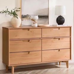 New Mid Century Modern Natural Pine Finish Solid Wood Dresser with 6 Drawers