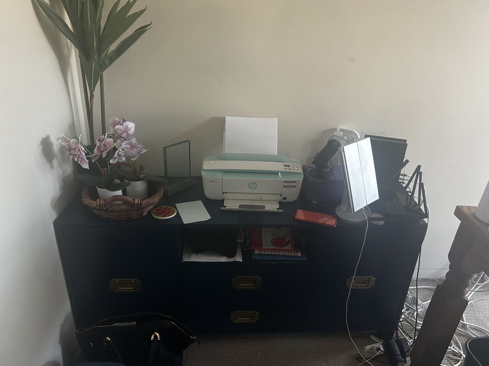 Navy Blue Credenza / Office Storage Cabinet w/ Brass Hardware