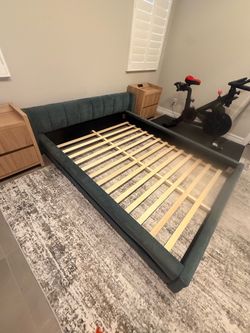 Queen Teal Upholstered Platform Bed Frame with Slatted Base