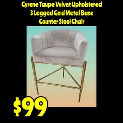 New Taupe Velvet Upholstered 3 Legged Gold Metal Base   Counter Stool Chair: Njft