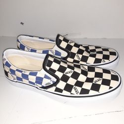 Van's Slip On,checkered, Navy Blue,black And Beige With White Sole