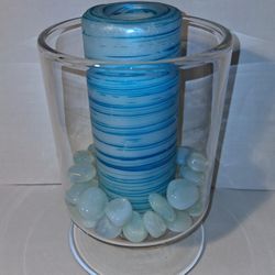 large 9" clear thick glass vase with light blue stones and pillar candle $20 FIRM