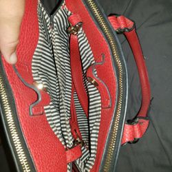 Red Leather Hand Bag With Black Striped Interior $29 Or Best Offer