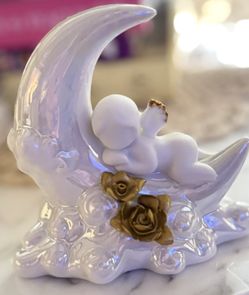 Vintage Cherub Angel Porcelain Figurine Moon Tea-light Candle Holder