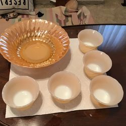 Vintage New Never Used Set Of 6, Fire King Iridescent Peach Orange Serving Dish 