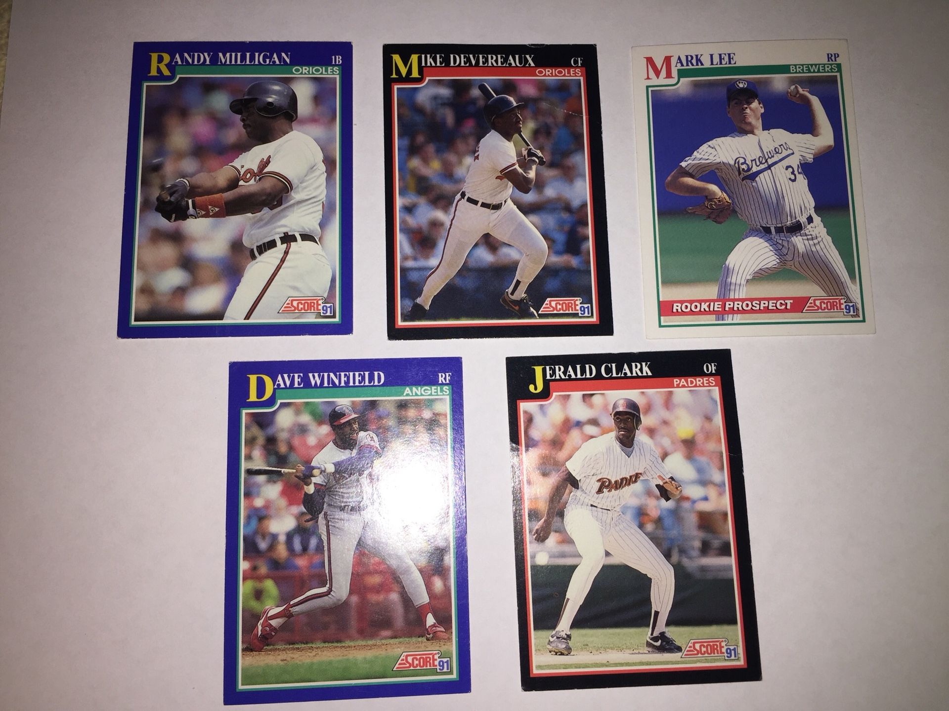 Score Baseball Cards 1991 5 pc. Lot Mark Lee Dave Winfield San Diego Angels Bundle Lot MLB Jerald Clark Collectible