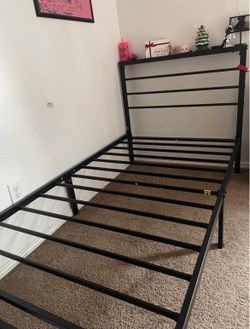 Metal Twin Bed Frame with Wooden Shelf