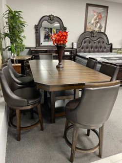 7PC Brown Dining Table Set w/ Swivel Chairs