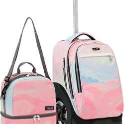 New NEW TILAMI 19 Inch Wheeled Laptop Backpack with Lunch Bag Bookbag Roller Travel Bag College Women Men for School Travel, Pink