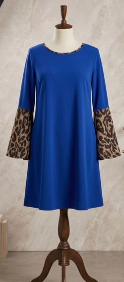 Shein bell sleeve blue and leopard print dress