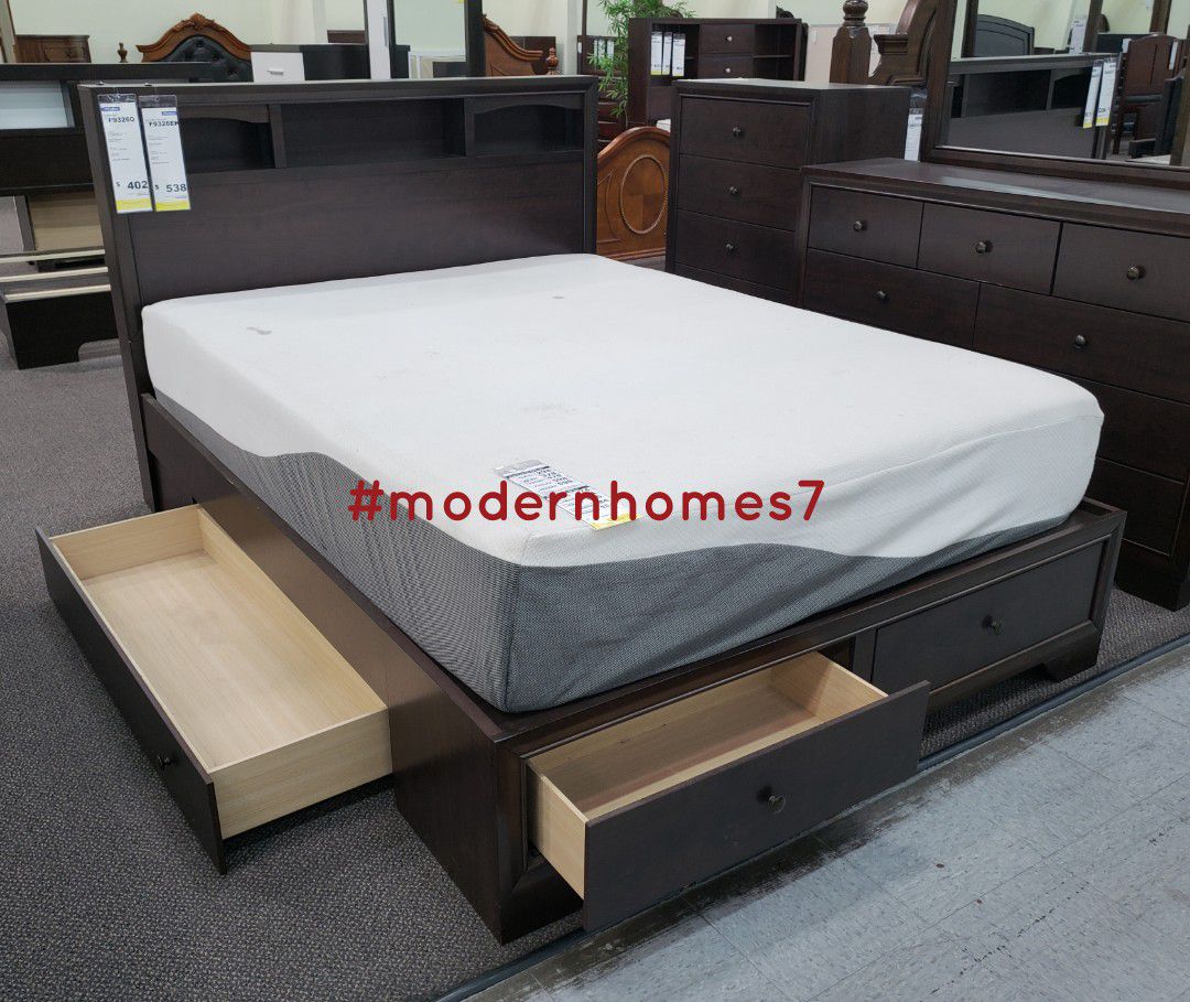 Low profile platform queen bed frame with 4 drawers