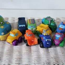 Squeezie Vehicles Set #2- Baby/ Toddler Toy Cars & Trucks, Vintage Tonka, Pullback Battat Bug, Firetruck, Garbage Truck, Tow Truck, Surfer Van, Etc. 