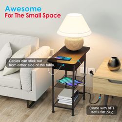 Narrow End Table with USB-C Fast Charging Station, Black Wood Couch Side Table with 3.0 USB Ports and Built in Electrical Outlets, 3 Tier Bedside Desk