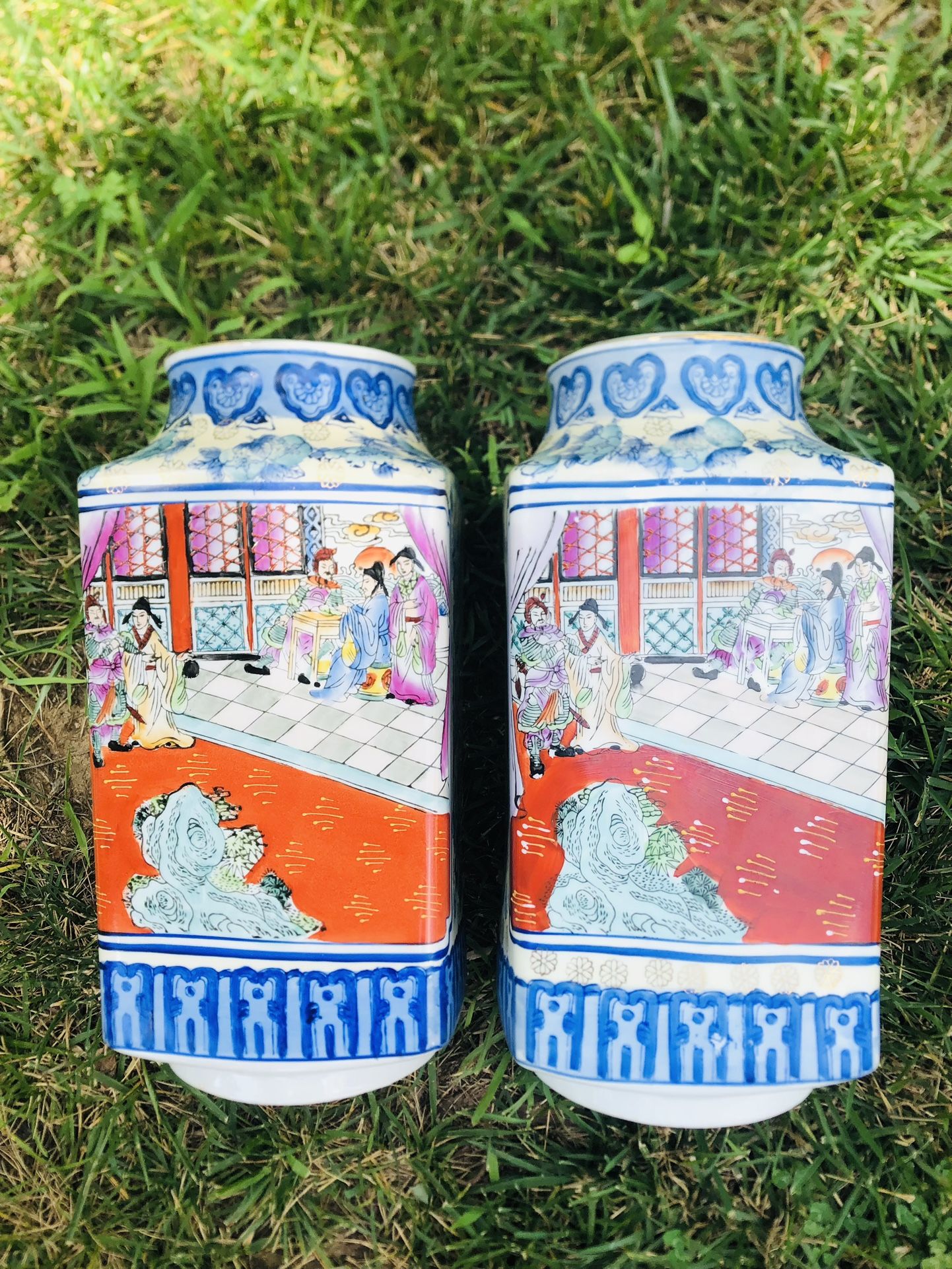 Vintage Asian Square Vases (set Of 2)