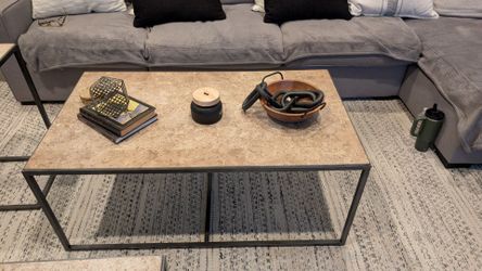 Travertine and gray bronze coffee table with end tables