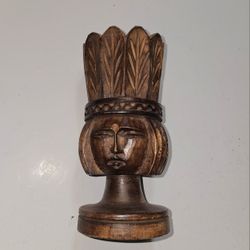 Vintage Hand-Carved Wood Vase Indigenous Head Design Made In Indonesia 7.5" x 3"