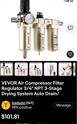 VEVOR Air Compressor Filter Regulator 3/4" NPT 3-Stage Drying System Auto Drain/