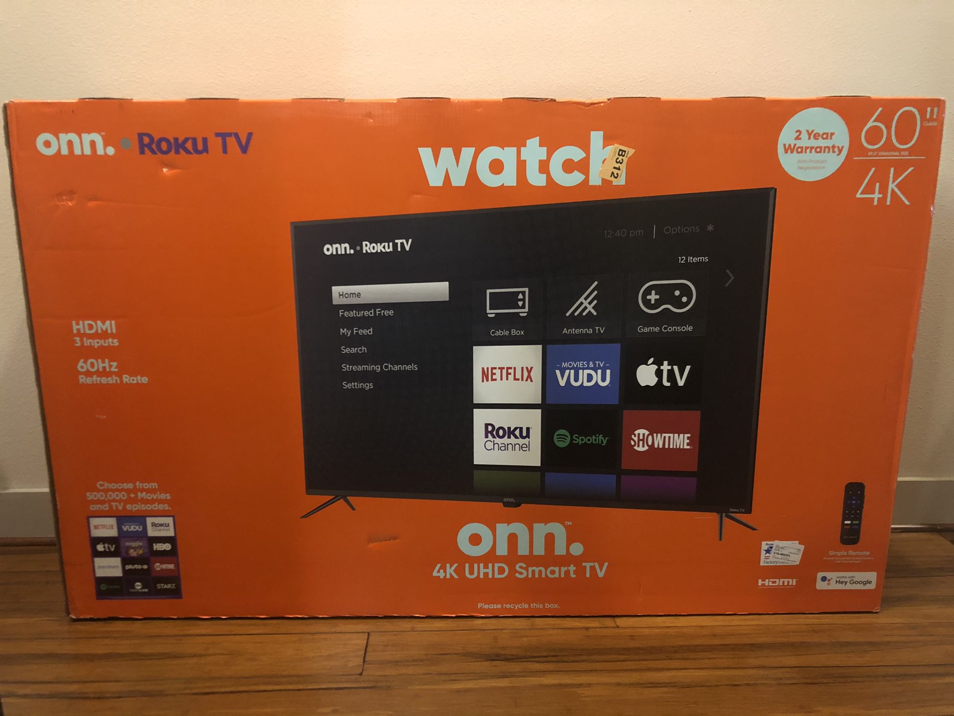 BRAND NEW 60” onn. 4K UHD Roku Smart TV