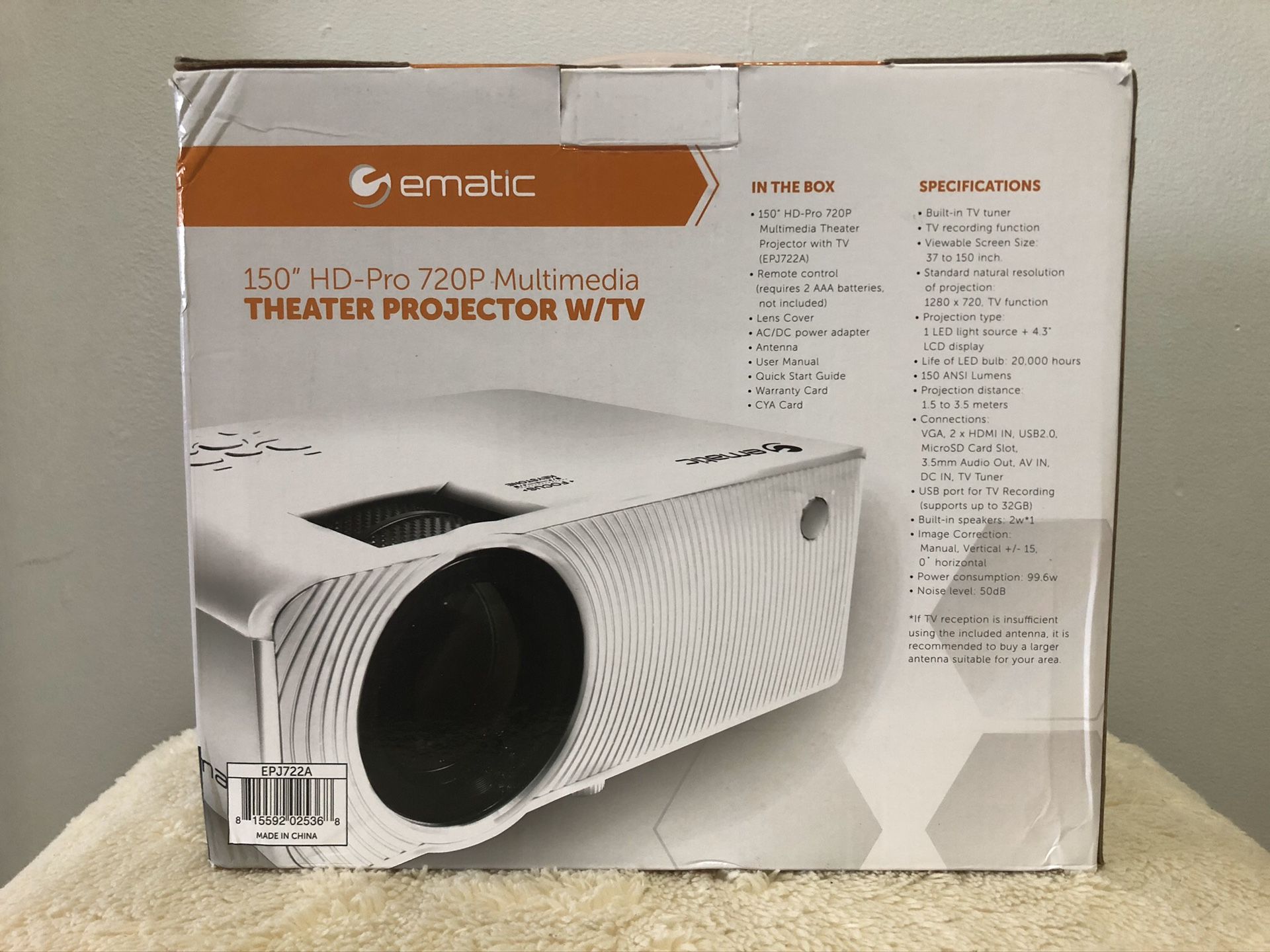Ematic 150" HD-Pro 720P Home Theater Projector W/TV Antenna (EPJ722A)