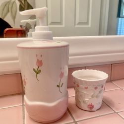 Pink & White Ceramic Soap Dispenser + Matching Candle Holder