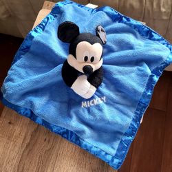 Disney Baby Mickey Lovey Security Blanket Blue With Satin Edges Rattle Head