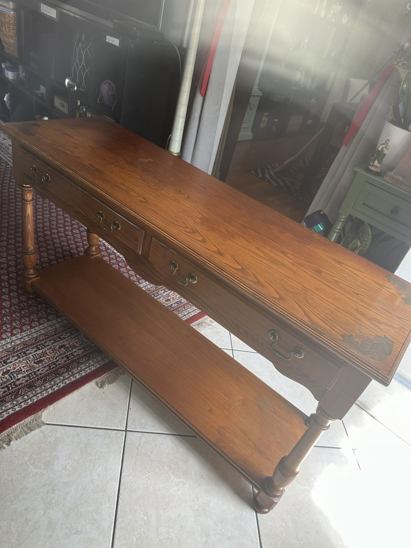 Large Vintage Hitchcockville Console Table, With 2 Drawers And Top Bottom Shelf.