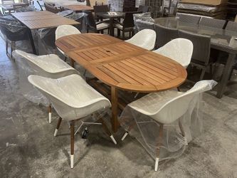 OPEN BOX 7PC Oval Extendable Dining Set – 100% FSC Solid Wood | Modern Outdoor Patio Furniture | Heavy Duty Commercial Grade | Closeout Deal | Deliver