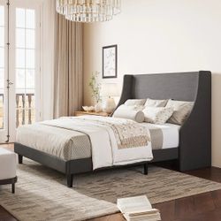 Modern Linen Upholstered Wingback Platform Bed with Wooden Slats- FULL SIZE