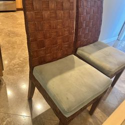 Two Wicker Dining Chairs with High Back & Soft Suede Cushions