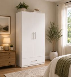 White Two-Door Wardrobe with Bottom Drawer