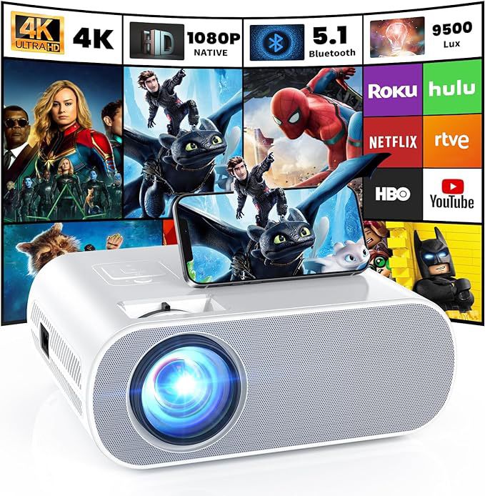 Brand New Projector, Native 1080P Full HD Bluetooth Projector with Speaker, Outdoor Portable Movie Mini Projector Compatible with Laptop, Smartphone, 