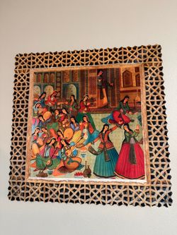 Persian Miniature Painting in Lattice Wood Frame