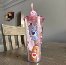 CareBears Christmas 2024 Pink Colorful Snowflake  Plastic Tumbler & Straw -  New
