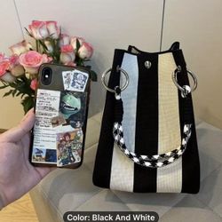 New Mini Black and White Bucket Bag, Foldable, Magnetic Closure Open Top  Gift Present